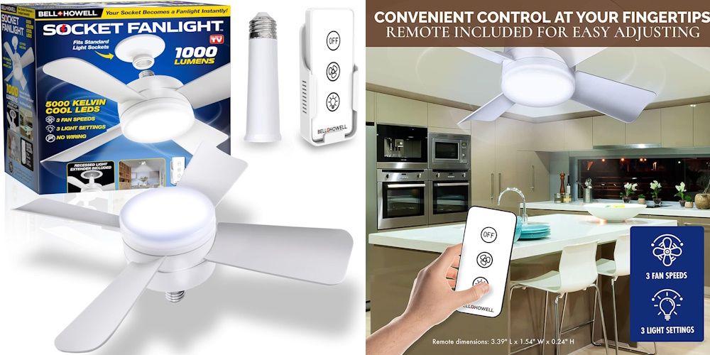 Socket Fan Light Original - Cool Light LED – Ceiling Fans with Lights and Remote Control,