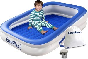 EnerPlex Kids Inflatable Travel Bed with High Speed Pump, Portable Blow up Toddler Air Mattress with Sides