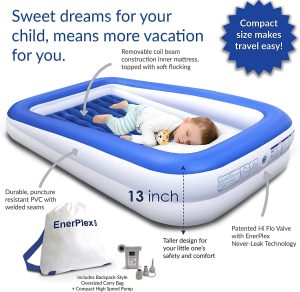 EnerPlex Kids Inflatable Travel Bed with High Speed Pump, Portable Blow up Toddler Air Mattress with Sides